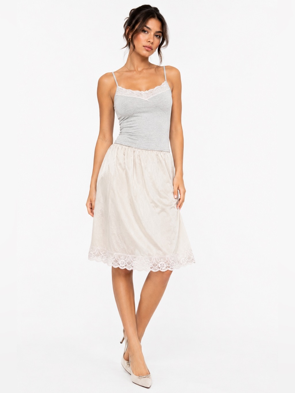 70s/80s European Vintage Silky Lace Trim Midi Slip Skirt (Ivory) Size M